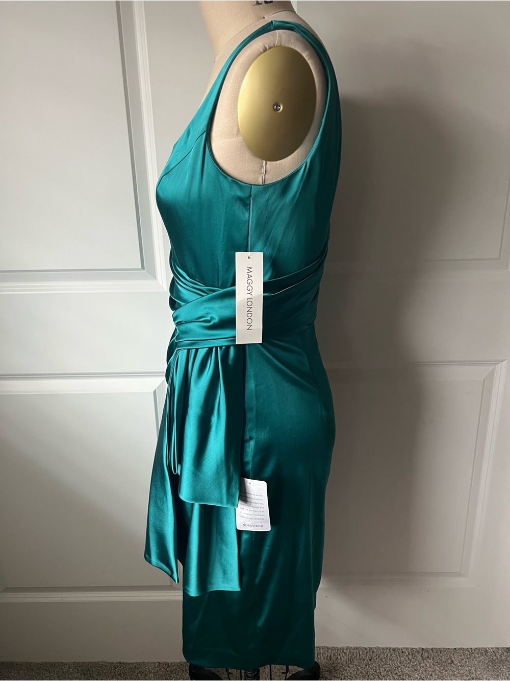 Maggy London Teal Satin Draped Midi Dress - Picture 9 of 15